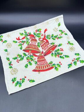 Vintage Christmas Towel Joy Noel Cheers Bells Holly Mid Century Cotton Kitschy